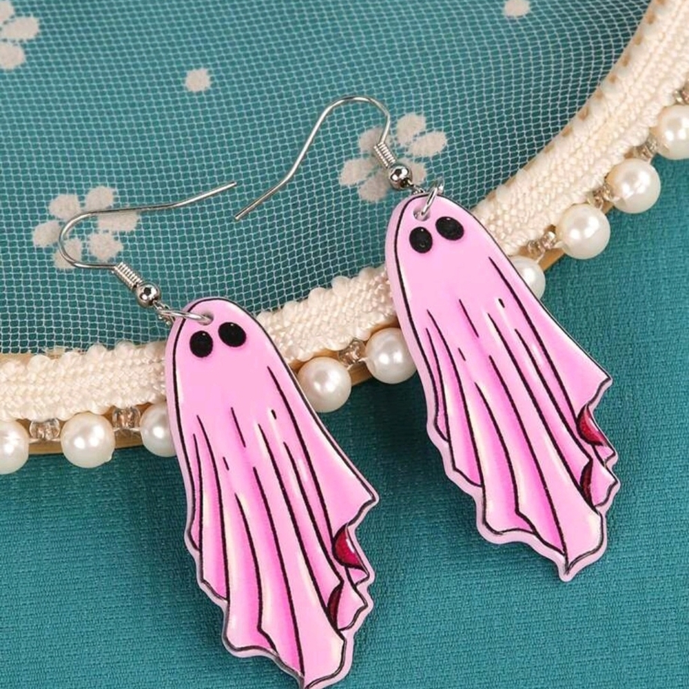 👻HP! Halloween Pink Acrylic Ghost Dangle Earrings New!
